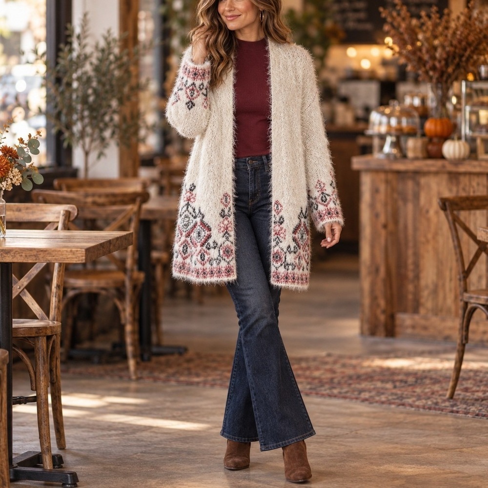 Knox Rose Fuzzy Eyelash Cardigan Cream Fair Isle Boho Open Front Size Small